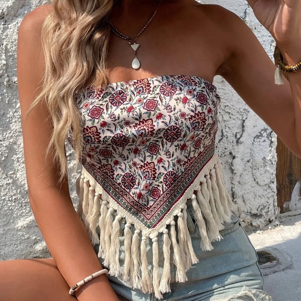 Boho Floral Print Fringe Hem Crop Top - Picture 5 of 8